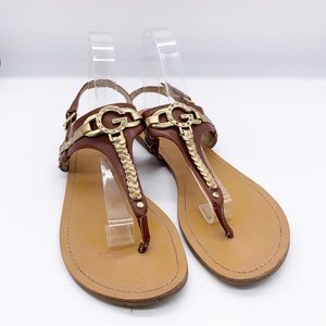 G by Guess brown gold braided leather t strap sandals
